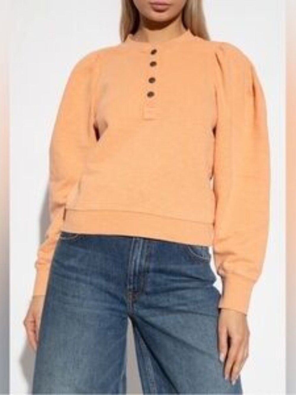 Ulla Johnson Peach Puff Sleeve Henley Sweatshirt Pullover Top